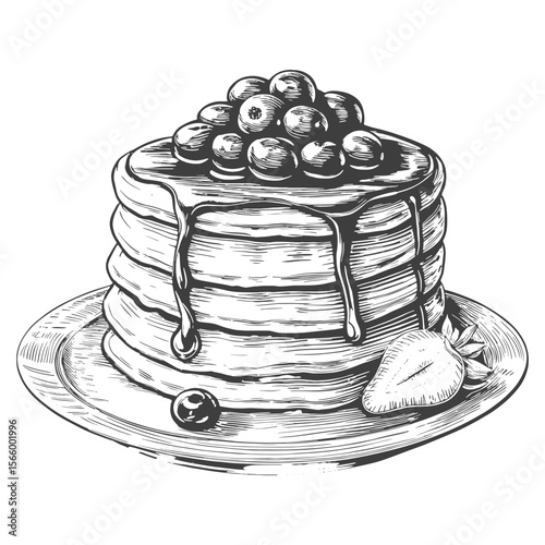 Hand-Drawn Pancake Stack with Butter Berries and Syrup Vintage Breakfast Illustration