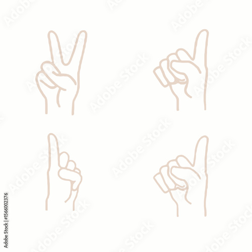Four simple line drawings depict various hand gestures: peace sign, pointing, and a clenched fist.