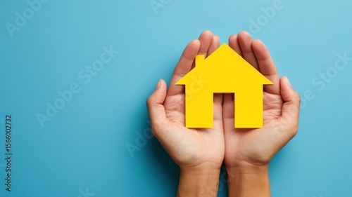 Real Estate Market, Buy, Sell, Rent a Home. Hands holding a yellow house icon on a blue background.