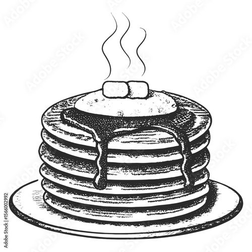 Hand-Drawn Pancake Stack with Butter Berries and Syrup Vintage Breakfast Illustration