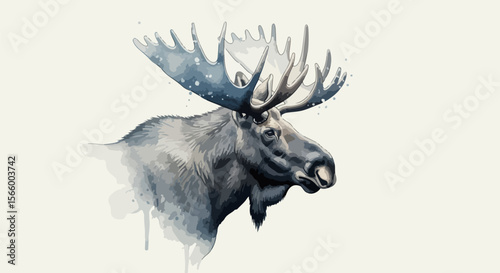 A peaceful giant of the northern forest, this moose carries the quiet elegance of winter, rendered with frosty ink splashes and majestic calm
