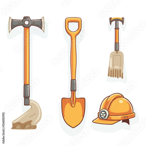 Illustration of a pickaxe, shovel, brush, and hard hat, all in yellow and gray, against a white background.