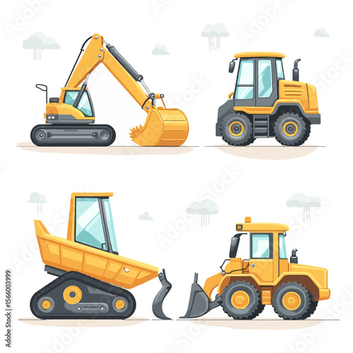 Four different yellow construction vehicles, including excavators and dump trucks, displayed in a grid format.