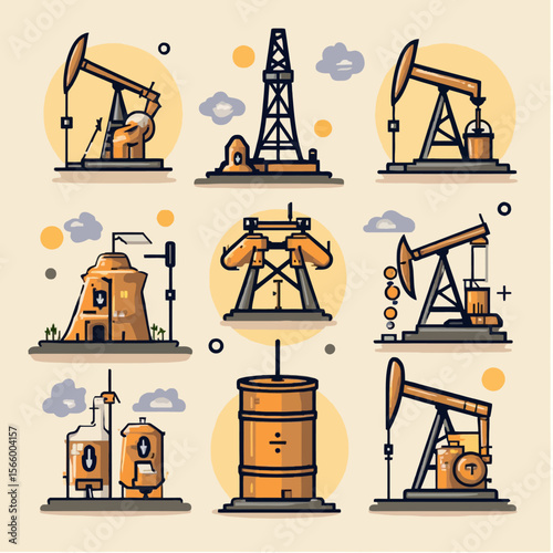 Flat design icons depicting various oil extraction equipment.