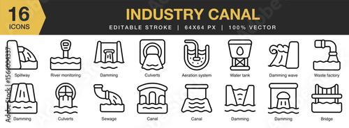 Industry Canal icon set. Editable Stroke Icon Collection. Includes industry, canal, waterway, transport, shipping, and More. Outline icons vector collection.