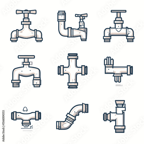 Collection of various plumbing fixtures and pipes, depicted in simple line art style.