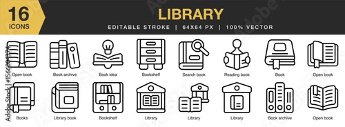 Library icon set. Editable Stroke Icon Collection. Includes library, books, reading, education, knowledge, and More. Outline icons vector collection.
