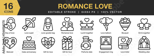 Romance Love icon set. Editable Stroke Icon Collection. Includes romance, love, couple, heart, affection, and More. Outline icons vector collection.