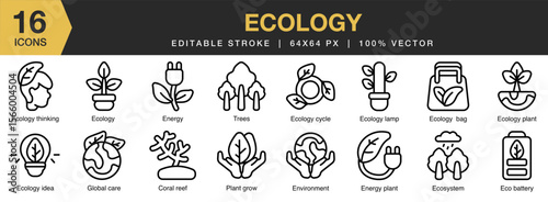 Ecology icon set. Editable Stroke Icon Collection. Includes ecology, green, eco, environment, nature, recycle, and More. Outline icons vector collection.