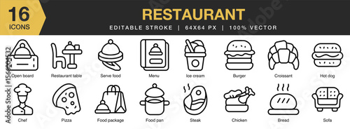 Restaurant icon set. Editable Stroke Icon Collection. Includes restaurant, dining, food, service, table, and More. Outline icons vector collection.