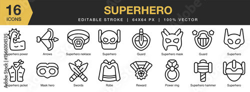 Superhero icon set. Editable Stroke Icon Collection. Includes superhero, hero, cartoon, comic, super, power, and More. Outline icons vector collection.