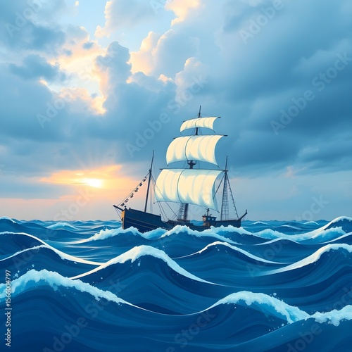 A majestic tall ship with white sails sails through vibrant blue ocean waves during a golden sunset with dramatic clouds.
