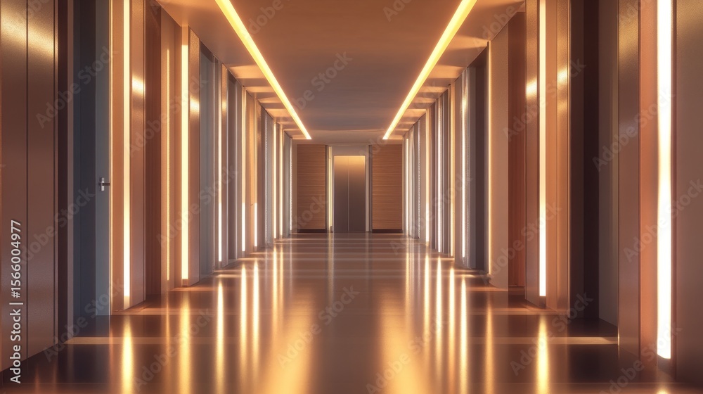 Fototapeta premium Empty hotel corridor lit by warm lights