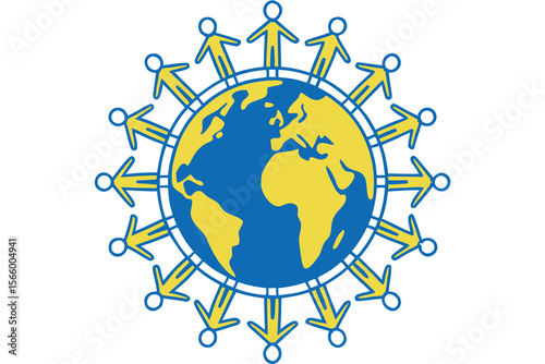 Earth globe surrounded by stick figure arrows illustration
