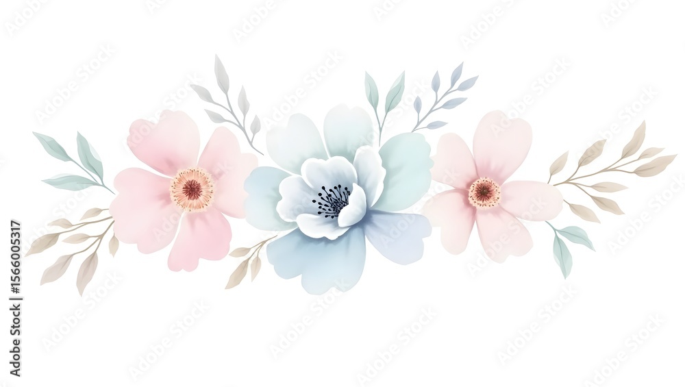 Fototapeta premium Delicate Watercolor Floral Arrangement with Soft Pastel Flowers and Elegant Leaves on a Clean White Background for Decorative Design