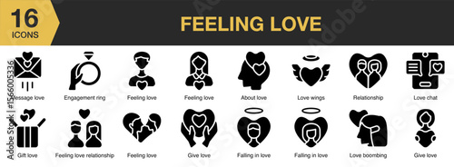Feeling Love solid icon set. Includes passion, relationship, hug, kiss, care, and More. Solid icons vector collection.