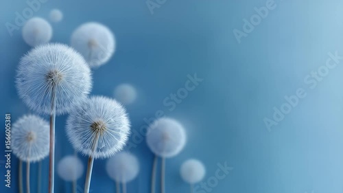 Delicate dandelion seeds floating softly in a serene blue background, evoking tranquility and nature's beauty
