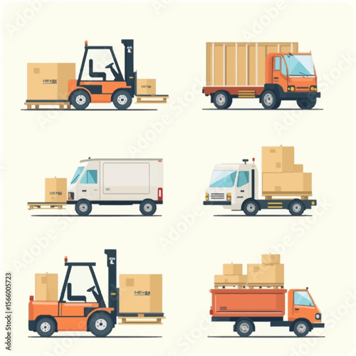 Illustration of various delivery vehicles including trucks and forklifts carrying boxes.