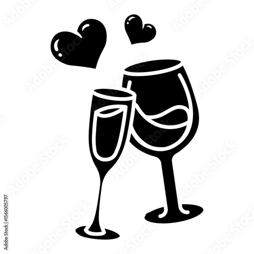 Romantic Toast: Champagne Flutes and Wine Glass with Hearts icon vector solid style