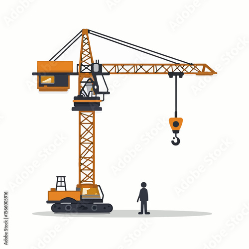 A large orange construction crane stands tall, ready for work, with a small figure observing nearby.