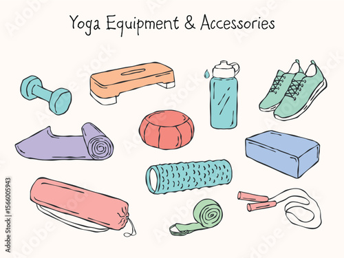 Hand-drawn colored vector set of yoga equipment and accessories. Includes yoga mat, water bottle, dumbbell, jump rope, yoga block, sneakers, and step platform