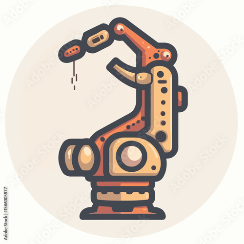 Stylized illustration showcasing an orange and beige robotic arm with a mechanical design.