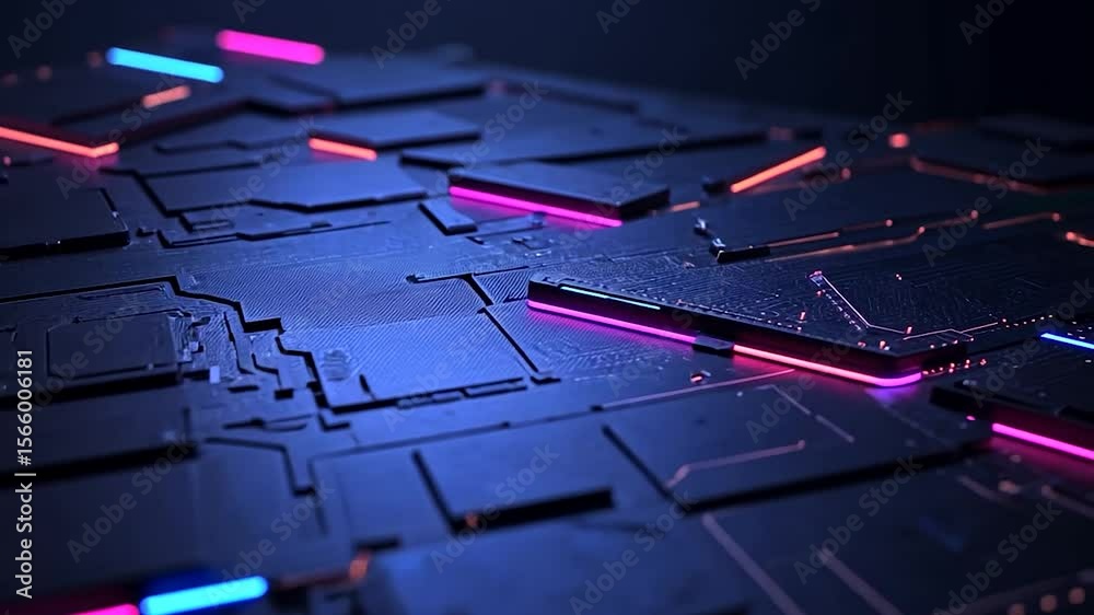 Abstract tech background featuring dark gray and blue motherboard-like structure, with glowing blue and magenta neon lights accenting the geometric shapes. Close-up shot with shallow depth of field
