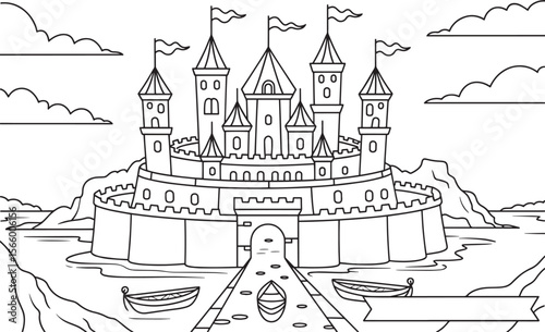Fantasy Castle on Hill with Boats and Stone Bridge Fairytale Coloring Page Vector, Castle on Hill, Fantasy Castle, Fairytale Fortress, Castle with Boats, Tower Castle Scene