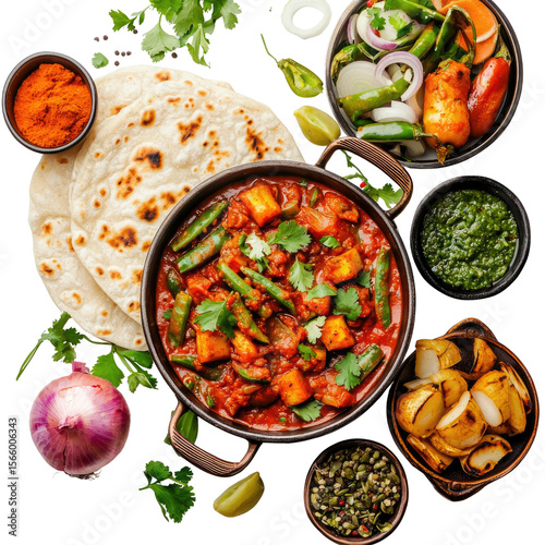 Colorful Indian Curry with Flatbread and Fresh Vegetables Preparation