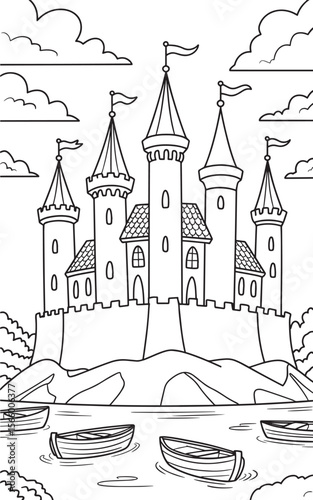 Fantasy Castle on Hill with Boats and Stone Bridge Fairytale Coloring Page Vector, Castle on Hill, Fantasy Castle, Fairytale Fortress, Castle with Boats, Tower Castle Scene