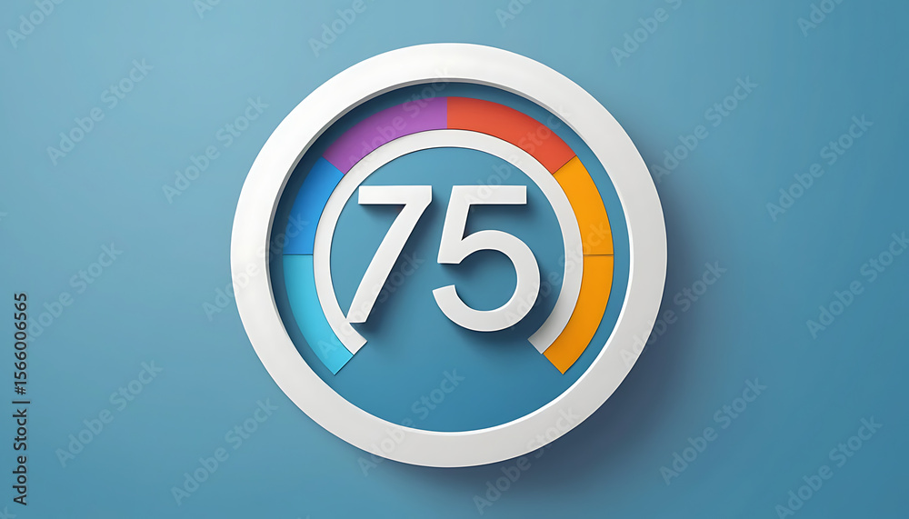 A stylized seventy five inside a white ring with colorful segments on a light blue background A stylized seventy five inside a white ring with colorful segments on a light blue background