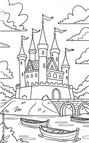 Fantasy Castle on Hill with Boats and Stone Bridge Fairytale Coloring Page Vector, Castle on Hill, Fantasy Castle, Fairytale Fortress, Castle with Boats, Tower Castle Scene