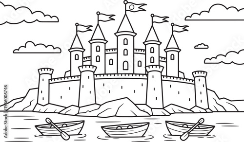 Fantasy Castle on Hill with Boats and Stone Bridge Fairytale Coloring Page Vector, Castle on Hill, Fantasy Castle, Fairytale Fortress, Castle with Boats, Tower Castle Scene