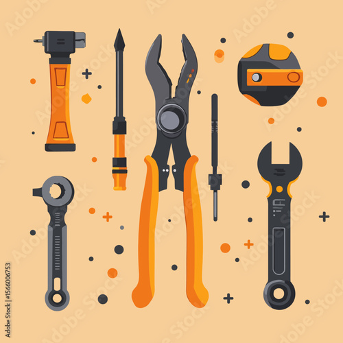 A collection of various hand tools arranged on a light orange background.