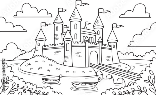 Fantasy Castle on Hill with Boats and Stone Bridge Fairytale Coloring Page Vector, Castle on Hill, Fantasy Castle, Fairytale Fortress, Castle with Boats, Tower Castle Scene