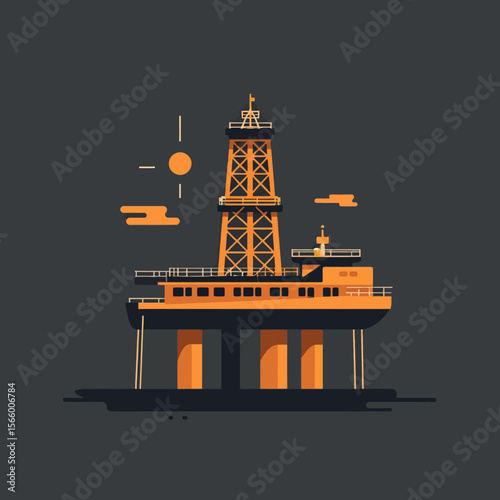 Flat illustration of an offshore oil rig, with sun and clouds.