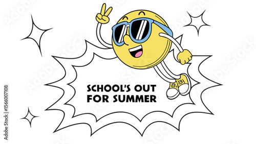 Happy sun character celebrating the end of school for summer vacation holidays