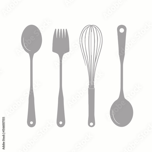 Four kitchen utensils: a spoon, fork, whisk, and ladle, all presented in a simple, gray silhouette style.