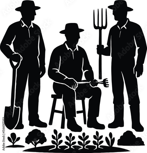 Three silhouetted farmers positioned in a staggered