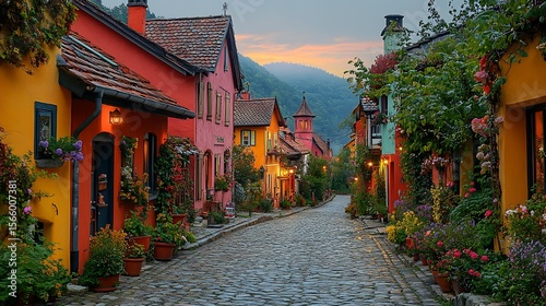 Colorful european village street at sunset