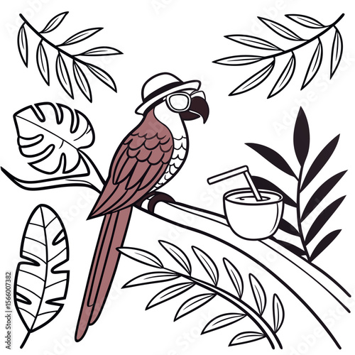 Charming Parrot Enjoying a Tropical Beverage in a Lush Jungle Environment photo