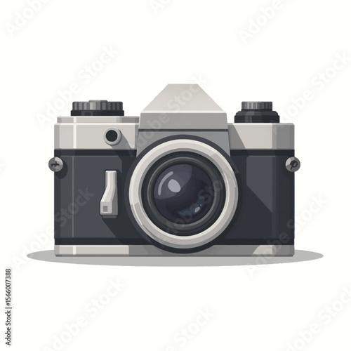 Vintage camera illustration, front view, showing details of controls and lens.