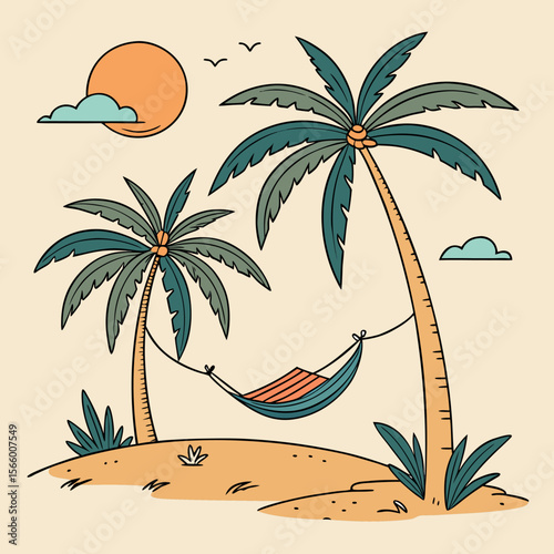 Tropical Paradise Relaxation Hammock Between Palm Trees Under Sunny Skies