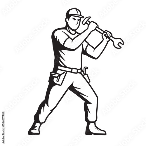 Black and white illustration of a mechanic with a hammer and wrench repairing or fixing something