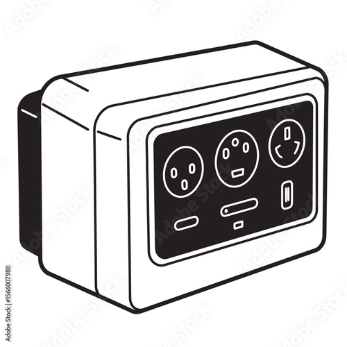 Black and white illustration of a professional power distributor with multiple outlets