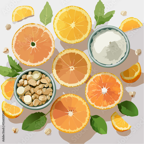 Vector flatlay of wellness boosters with capsules, smoothie packs, citrus slices, supplement bowls, clean and minimal look.