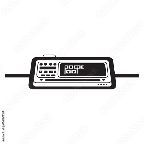 Black and white illustration of a vintage electronic control panel isolated on white background
