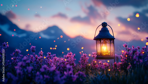 A glowing lantern stands in the foreground, surrounded by purple flowers and fireflies against a backdrop of mountains at dusk