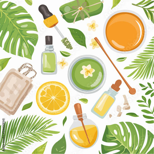 Spa vector flatlay with oils, cloths, glass pumps, green tea sachets, and greenery arranged on a bright clean background.