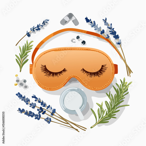 Vector flatlay of sleep aids including silk mask, lavender buds, spray, dried flowers, earplugs on white background with soft shadows.